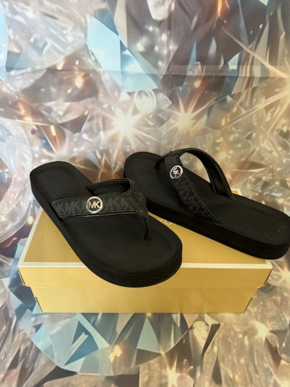 Michael Kors Black Platform MK Logo Thong Sandals